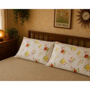Vintage Floral Pillowcase Set 2 King Size 21x34 White Orange Yellow Retro 70s